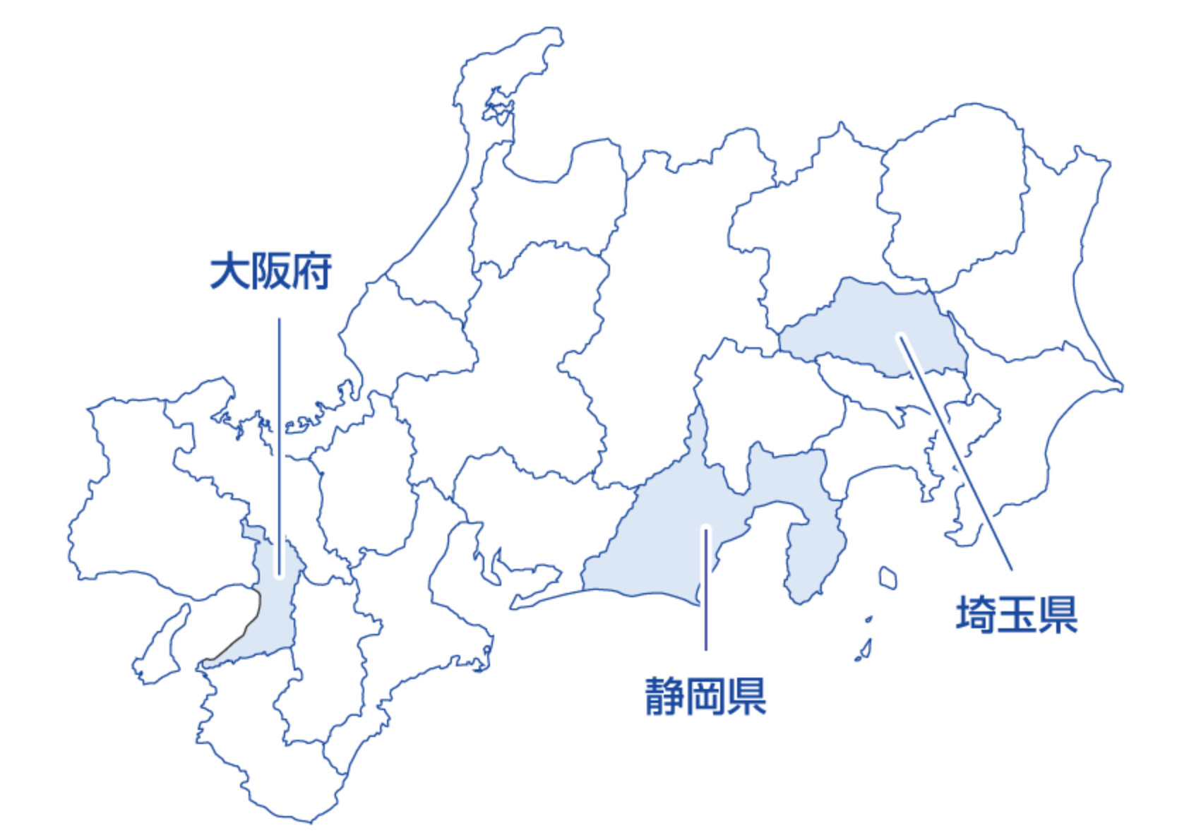 埼玉、静岡、大阪を指した日本地図の一部